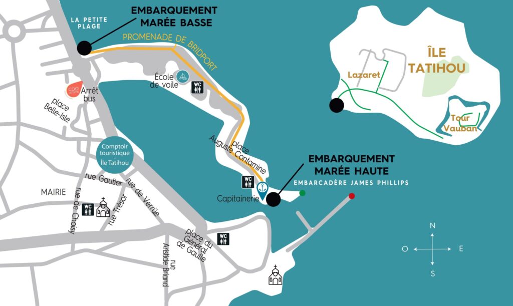 The plan of Saint-Vaast-la-Hougue Harbor with localized different places to embark depended on the tide